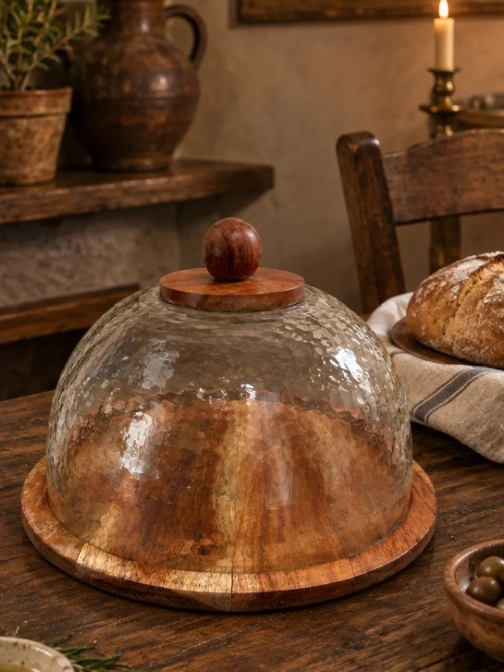Wood & Hammered Glass Dome Cake Stand with Knob - Round Cloche Natural Brown 11”